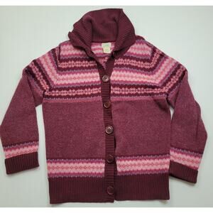 VTG LL Bean 100% Lambswool Pink Purple Fair Isle Button Collared Cardigan Size S
